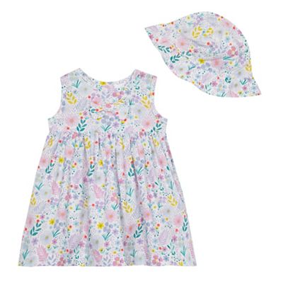 Baby girls' white floral print dress and sun hat